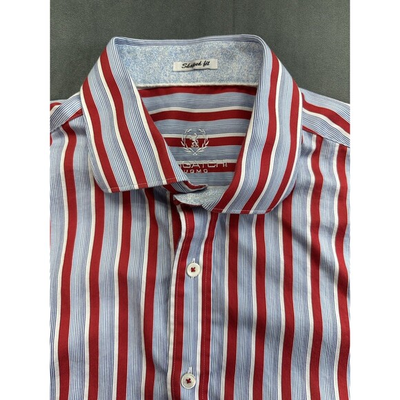 Bugatchi All Cotton Button Front Shirt Mens XL Shaped Trim Fit Stripes Red Blue - Picture 3 of 10